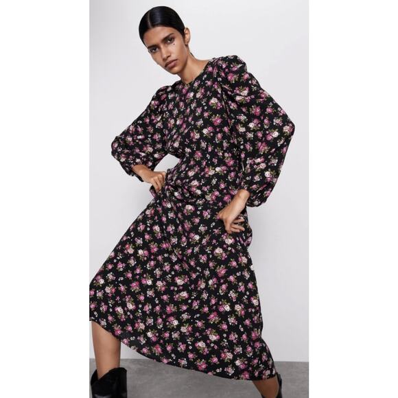 Zara Printed Long Sleeve Black Florals Midi Dress Size Small - Picture 5 of 15
